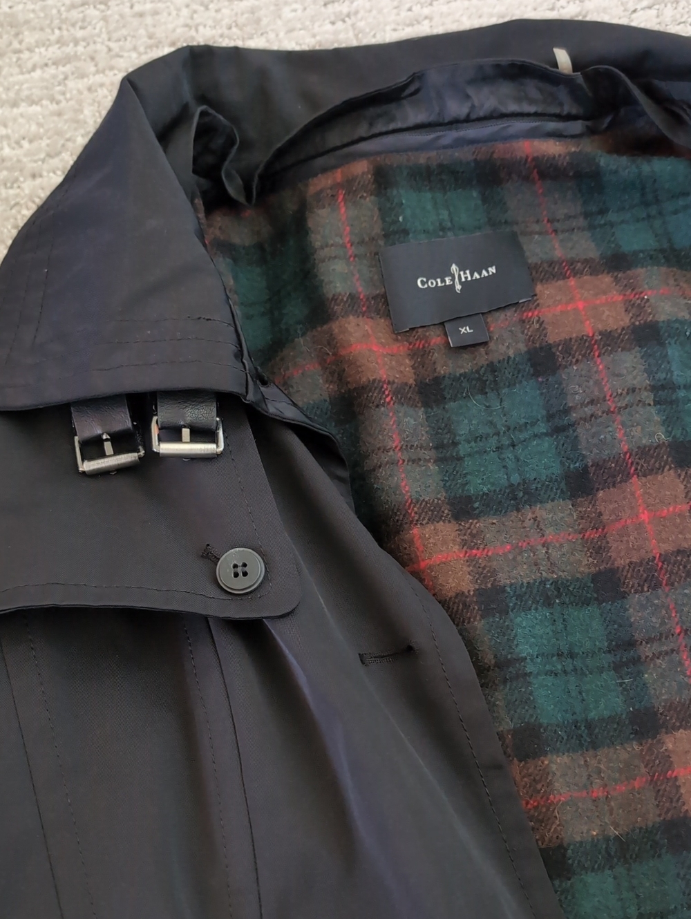 Cole Haan Black Trench Coat with Green & Red Plaid Lining